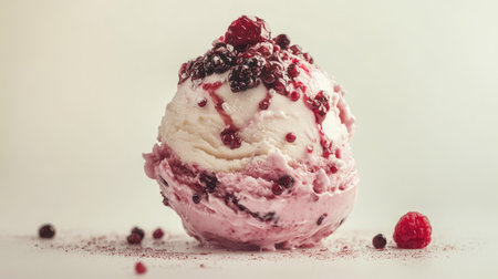 Close-up of a scoop of gelato with toppings, isolated on a clean backdrop that allows for ample copy space. Great for dessert marketing or social media visuals.の素材