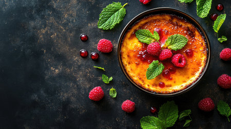 Charming presentation of cr with raspberries and mint, set on a dark tabletop. The layout provides generous copy space, ideal for ca or restaurant marketing.の素材