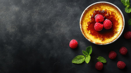 Charming presentation of cr with raspberries and mint, set on a dark tabletop. The layout provides generous copy space, ideal for ca or restaurant marketing.の素材