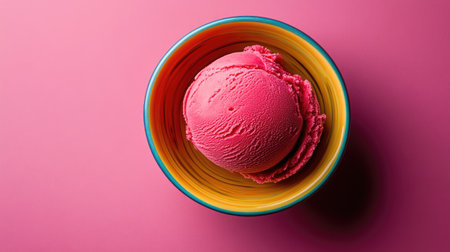 Top view of a single scoop of gelato in a colorful dish, with a clean background providing clear space for text or a logo. Ideal for dessert advertisementsの素材