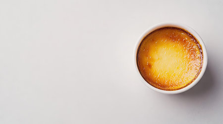 Top view of a single in a white ramekin, with a rich golden crust. Generous empty space on the right for text or branding. Minimalist and elegant.の素材