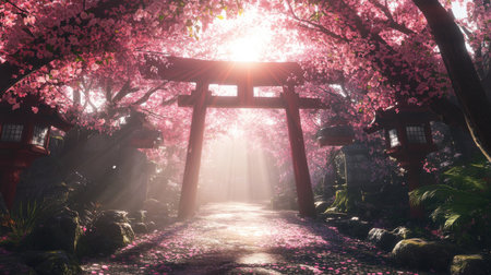 Experience a breathtaking view of a cherry blossom pathway, bathed in soft sunlight and vibrant pink hues, perfect for nature lovers and serene walks.の素材