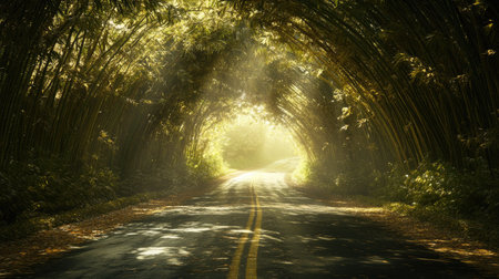 A captivating view of a serene road meandering through a lush bamboo forest, illuminated by soft sunlight. This image embodies tranquility and natural beauty.の素材