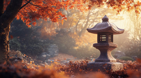 A stunning image of a traditional stone lantern surrounded by vibrant autumn leaves, creating a peaceful and tranquil atmosphere. Ideal for nature and outdoor themes.の素材