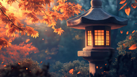 A serene scene featuring a traditional lantern glowing amidst vibrant autumn leaves, capturing the tranquil beauty of nature and warm evening light.の素材