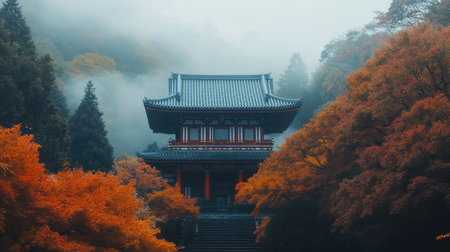 Experience the captivating charm of traditional Japanese architecture amidst vibrant autumn foliage, enveloped in a serene misty landscape, perfect for nature lovers.の素材