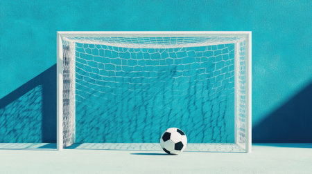 A minimalist design featuring a soccer goal and ball against a clean blue background, perfect for sports enthusiasts, modern art lovers, or dynamic projects.の素材