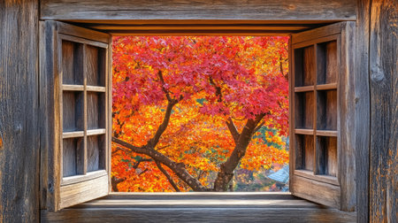 This image features an open wooden window showcasing a breathtaking autumn scene with vibrant red and orange leaves, creating a serene and inviting atmosphere.の素材