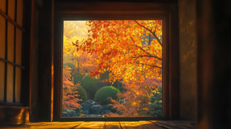A picturesque view through a wooden window frame reveals vibrant autumn leaves and a serene garden, showcasing nature's tranquil beauty and inviting warmth.の素材