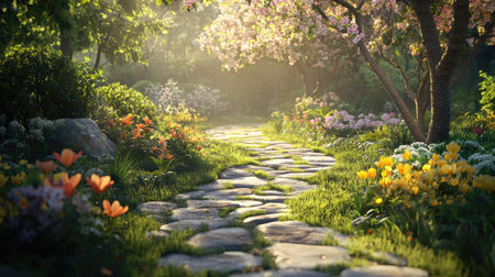 A charming winding stone path meanders through a vibrant garden, filled with blooming flowers and lush greenery, creating a serene outdoor atmosphere.の素材