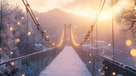 A beautiful snowy suspension bridge illuminated by soft lights at sunrise. The serene winter landscape offers a breathtaking view of nature's tranquility.の素材