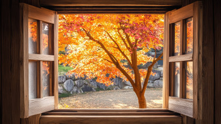 A beautiful autumn scene framed by an open wooden window, showcasing vibrant orange and yellow leaves on a tree, creating a warm and inviting atmosphere.の素材