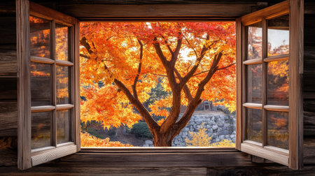 A picturesque view from an open wooden window showcasing vibrant autumn foliage. The scene features a majestic tree with bright orange leaves, offering a serene and tranquil atmosphere, perfect for nature lovers.の素材