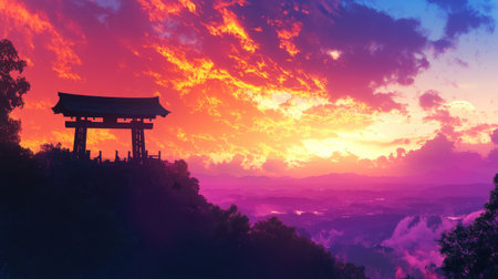 Experience a breathtaking sunset over a serene shrine in the USA. The dramatic sky showcases vibrant colors, creating a tranquil atmosphere perfect for exploration.の素材