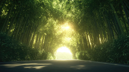 A tranquil road enveloped by towering bamboo, illuminated by soft sunlight, creating a serene and inviting atmosphere for peaceful journeys.の素材