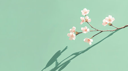 This minimalist image features a delicate cherry blossom branch against a soft green background, casting a gentle shadow, evoking tranquility and elegance.の素材