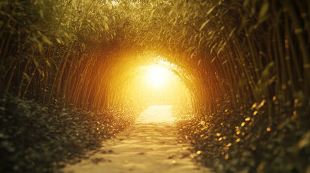Discover a serene bamboo forest pathway illuminated by warm sunlight, inviting exploration and reflection in a tranquil natural setting.の素材