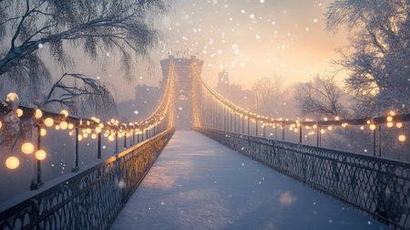 A serene snowy suspension bridge adorned with warm lights, creating a magical atmosphere at dusk. Perfect for winter-themed projects and travel visuals.の素材