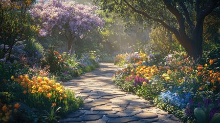 A tranquil garden pathway lined with vibrant flowers and lush greenery, perfect for a peaceful stroll. The picturesque scene captures the essence of natural beauty.の素材