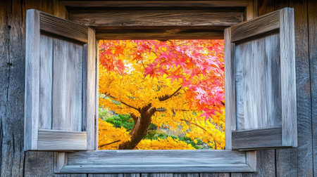 Discover the beauty of autumn as vibrant colors burst through a rustic wooden window, framing a picturesque view of nature's artistry in full display.の素材