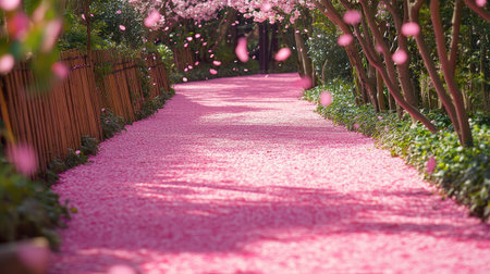 Experience a tranquil walkway lined with pink petals, surrounded by blossoming trees. This serene landscape captures the beauty of nature in full bloom.の素材