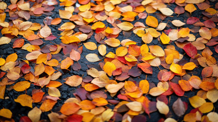 A vibrant display of autumn leaves scattered across the ground, showcasing shades of yellow, orange, and red. This serene scene captures the essence of fall.の素材