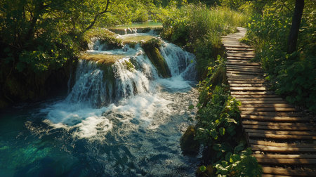 Discover a tranquil nature trail showcasing a beautiful waterfall amidst lush greenery, inviting you to explore the serenity of the great outdoors.の素材