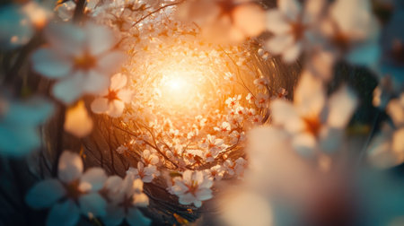 Experience a serene moment as soft light filters through beautiful blossoms, creating a picturesque scene filled with warmth and tranquility in nature.の素材