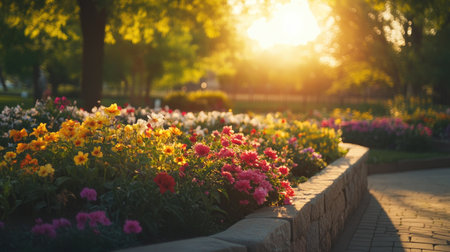 Experience the tranquil beauty of colorful flower beds basking in warm sunlight, creating a picturesque garden scene filled with vibrant blooms.の素材