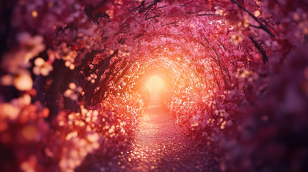 A captivating pathway of cherry blossoms illuminated by soft light, creating a serene and picturesque scene that invites tranquility and beauty in nature.の素材