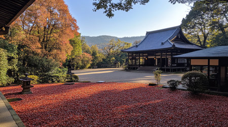 A tranquil autumn setting featuring a carpet of red maple leaves, serene surroundings, and beautiful natural light illuminating the peaceful landscape.の素材