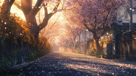 A tranquil walkway adorned with blooming cherry blossom trees, creating a picturesque scene bathed in warm sunlight, perfect for peaceful strolls.の素材