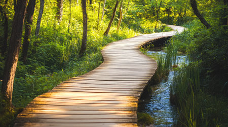 Discover a winding wooden path meandering through lush greenery, offering a serene escape into nature. Perfect for outdoor adventures and peaceful retreats.の素材