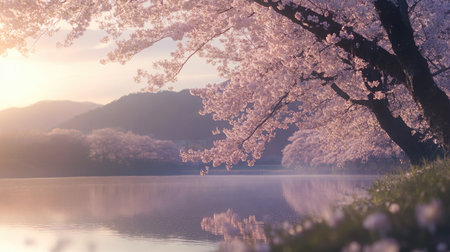 Experience the tranquil beauty of cherry blossom trees along a serene waterway. This picturesque scene captures the essence of springtime splendor and natural harmony.の素材