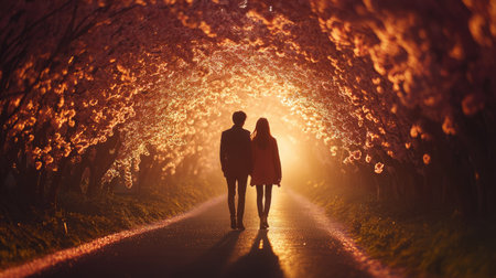 A serene moment of a couple walking hand in hand through a beautiful flower tunnel, capturing the essence of love and togetherness in nature's embrace.の素材