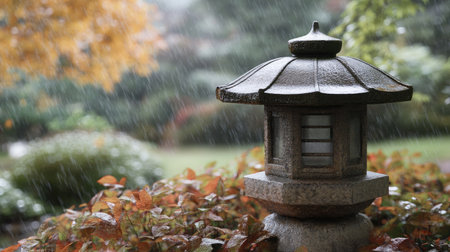 A tranquil scene featuring a traditional stone lantern surrounded by colorful autumn foliage, set against the backdrop of a serene, rainy atmosphere.の素材