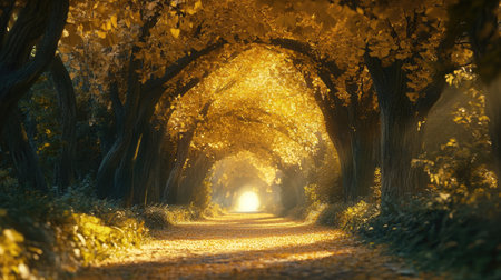 A tranquil tunnel of golden trees creates a scenic pathway, inviting exploration. Sunlight filters through the leaves, enhancing the serene atmosphere.の素材
