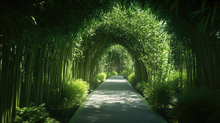 Explore a serene winding pathway enveloped by lush greenery and bamboo, inviting you to journey through nature's tranquil beauty and experience a peaceful escape.の素材