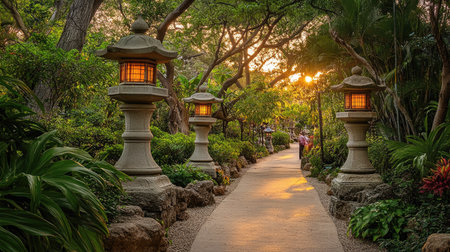Discover a serene pathway adorned with traditional lanterns, leading through a lush garden, illuminated by the warm glow of a stunning sunset. Perfect for relaxation.の素材