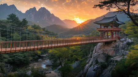 Experience a tranquil sunset view of a picturesque suspension bridge nestled among mountains, creating a perfect blend of nature and architecture.の素材