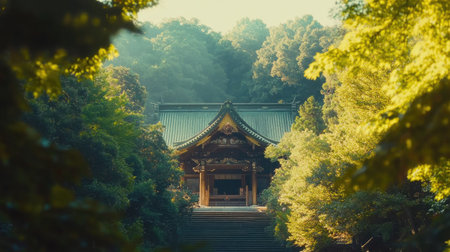 Discover a stunning view of a serene shrine nestled among trees in a USA city, evoking peace and tranquility amidst nature's beauty and historical architecture.の素材