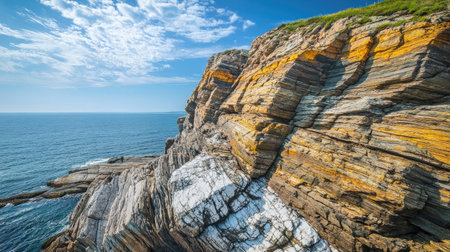 A breathtaking close-up of a coastal cliff showcasing intricate layers of rock and vibrant colors under a clear blue sky. Ideal for nature photography.の素材