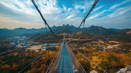 Experience the breathtaking view from Sogeumsan Bridge showcasing vibrant autumn colors, majestic mountains, and a thrilling perspective of natureの素材