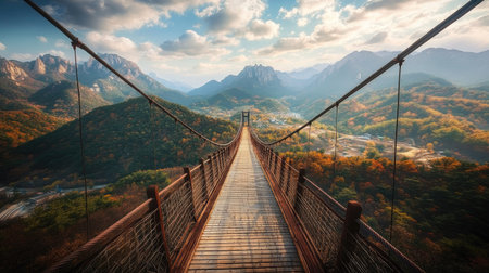 Experience the breathtaking view from the Sogeumsan Bridge, showcasing stunning autumn foliage and majestic mountains under a vibrant sky. Perfect for nature lovers!の素材