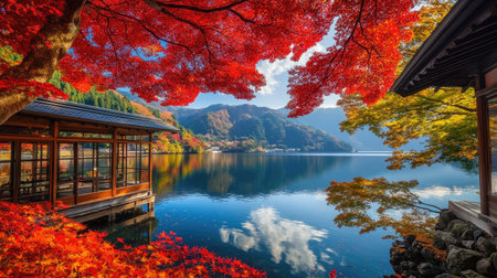 Experience the serene beauty of vibrant autumn leaves reflecting on a tranquil lake, with warm colors enhancing the peaceful scenery. Perfect for nature lovers.の素材