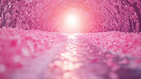 Discover a serene and vibrant pathway lined with blossoming trees under soft sunlight. This enchanting scene captures the beauty of nature and tranquility.の素材