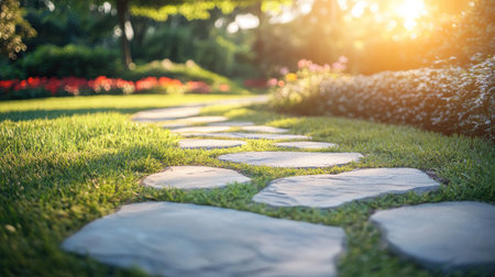 Discover a serene stone pathway leading through a vibrant garden. This tranquil scene captures sunlight filtering through lush greenery, perfect for relaxation.の素材