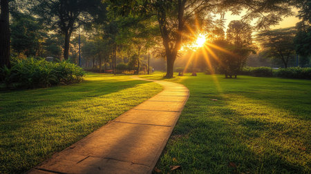 A tranquil park scene featuring a beautiful sunrise, illuminating a smooth path lined by lush greenery and tall trees, inviting moments of reflection.の素材