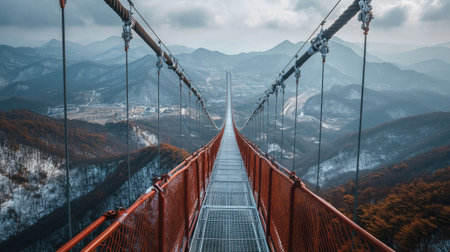Experience a thrilling perspective from Sogeumsan's suspension bridge, showcasing breathtaking mountain views and serene landscapes, perfect for adventure seekers.の素材