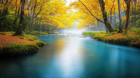 A tranquil autumn scene showcasing the vibrant yellow foliage along a serene river at Oirase Gorge, creating a peaceful and picturesque atmosphere.の素材